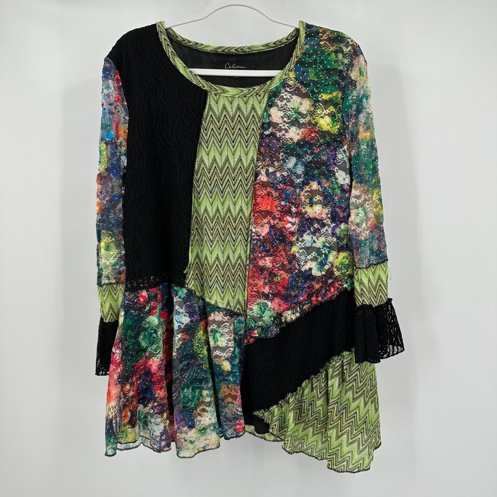Womens Patchwork Romantic Floral‎ Top Size L Sheer Overlay Cottage Noir Evening